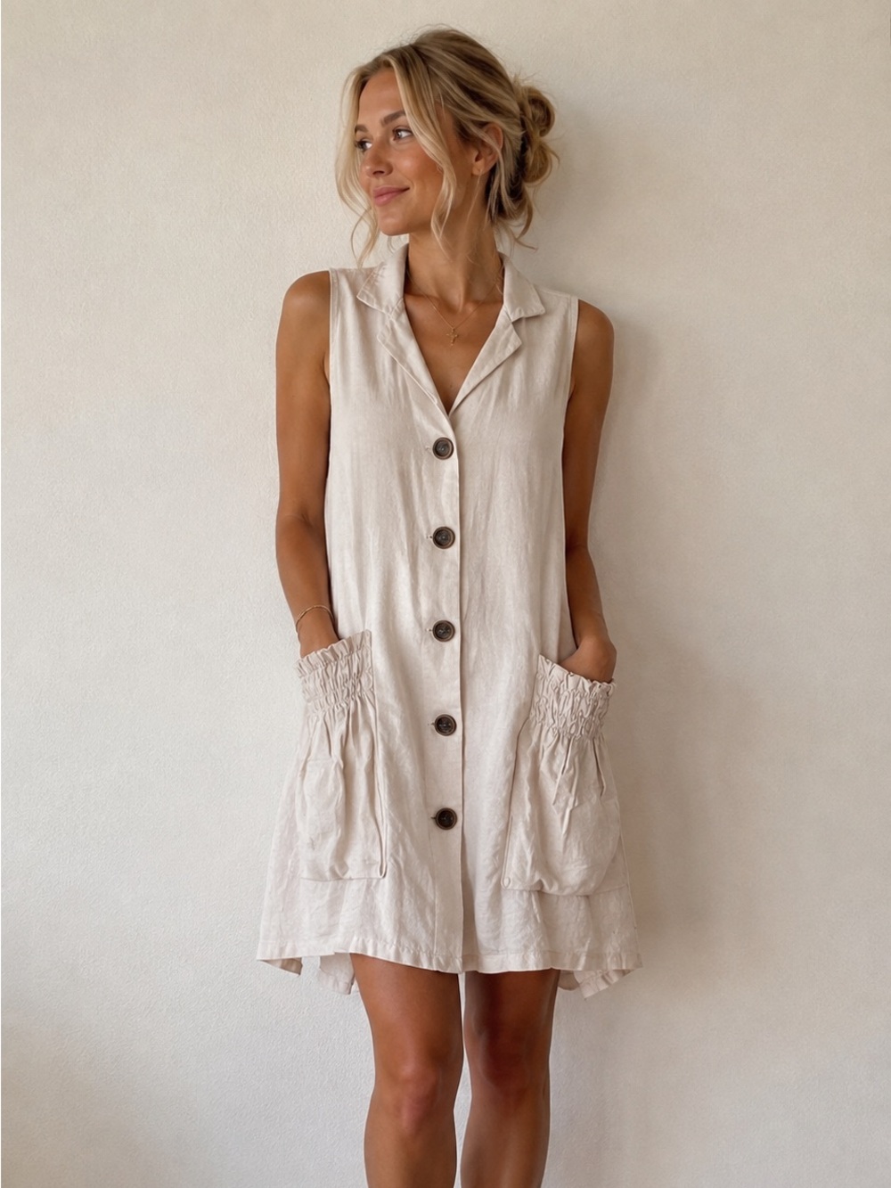 For Cynthia Cream Sleeveless Button-Front Tunic Dress with Smocked Pockets